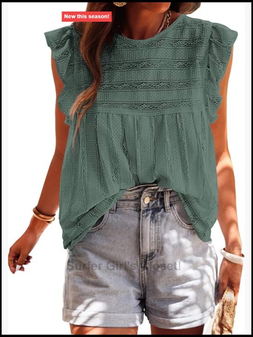 Lace Ruffle Cap Sleeve Tank Top Women Summer Eyelet Blouse